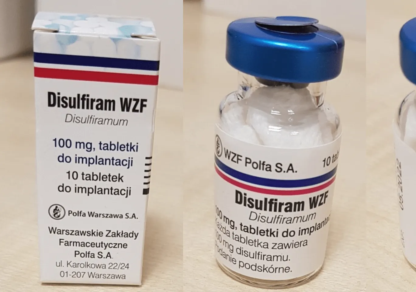 Wszywka alkoholowa Esperal Radymno: fiolka disulfiramu obok opakowania leku